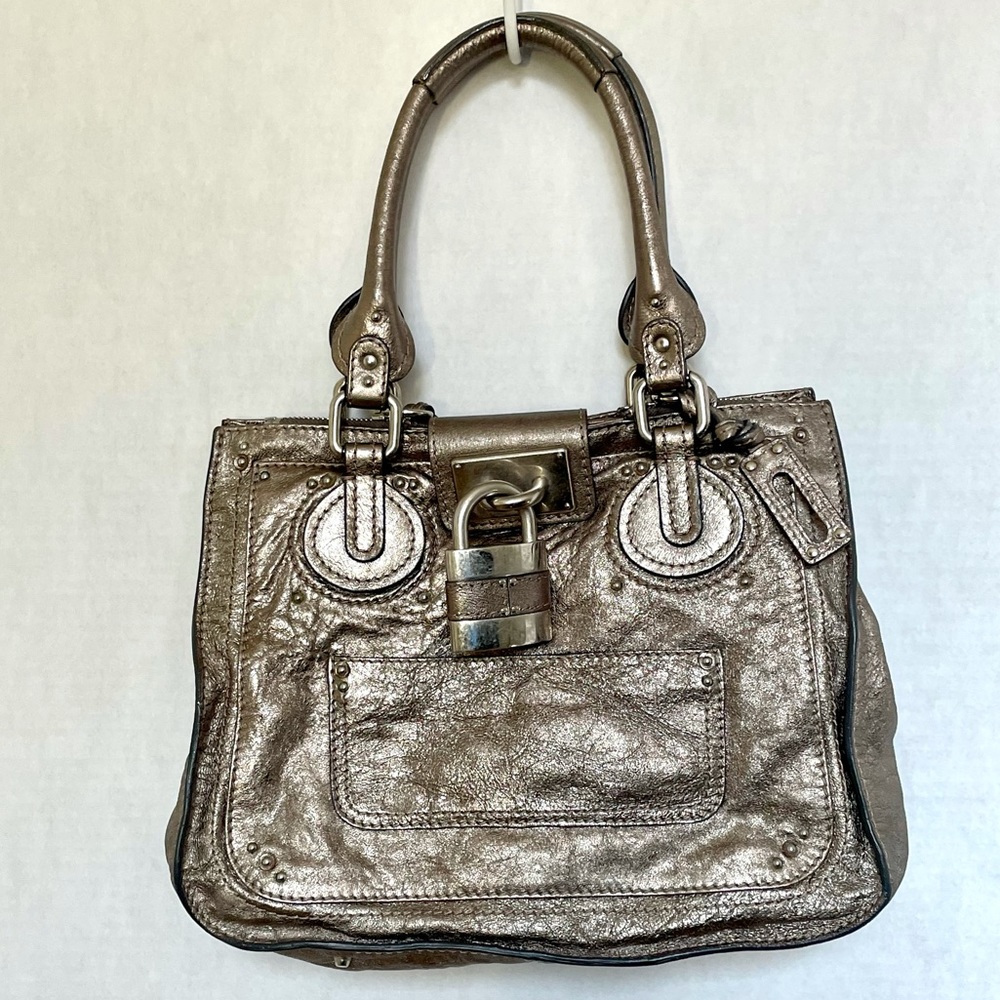 ✨Authentic Chloe Paddington Vintage Shimmery Leather Tote Lock &Key silvery tan